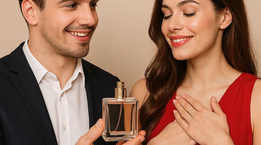 Pareja intercambiando un perfume como regalo; él sostiene la fragancia mientras ella sonríe emocionada, en un fondo neutro y estilo editorial.