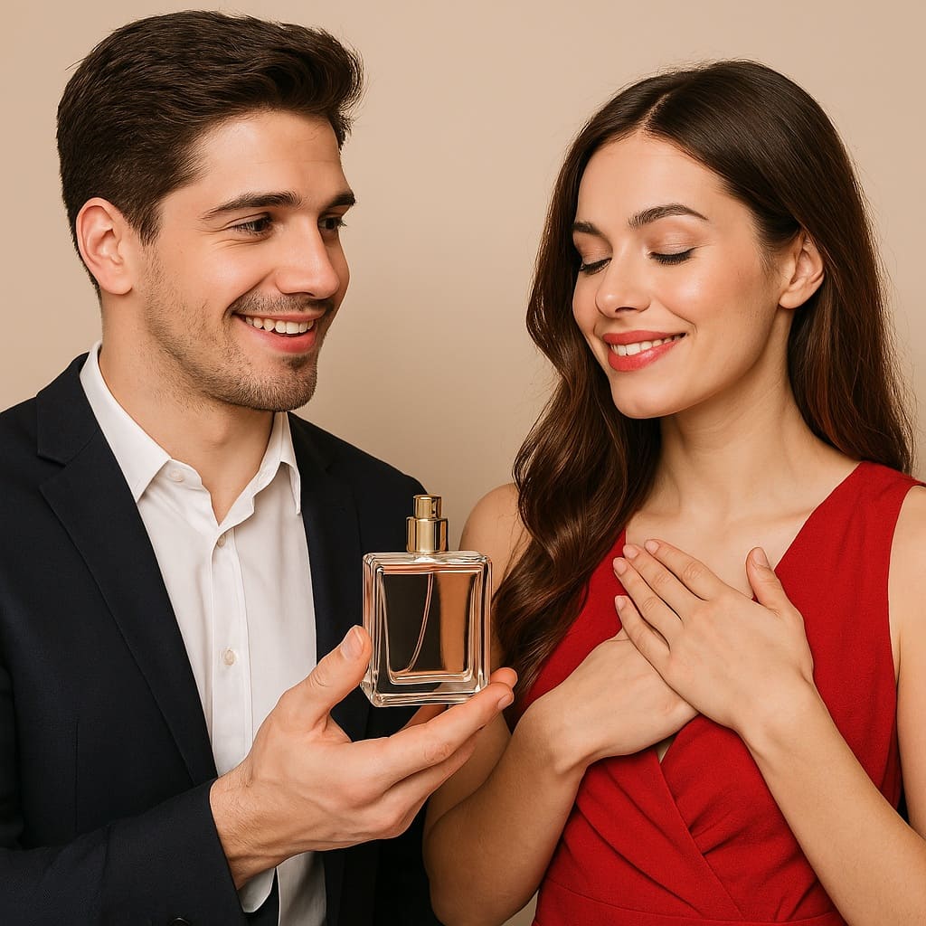 Pareja intercambiando un perfume como regalo; él sostiene la fragancia mientras ella sonríe emocionada, en un fondo neutro y estilo editorial.
