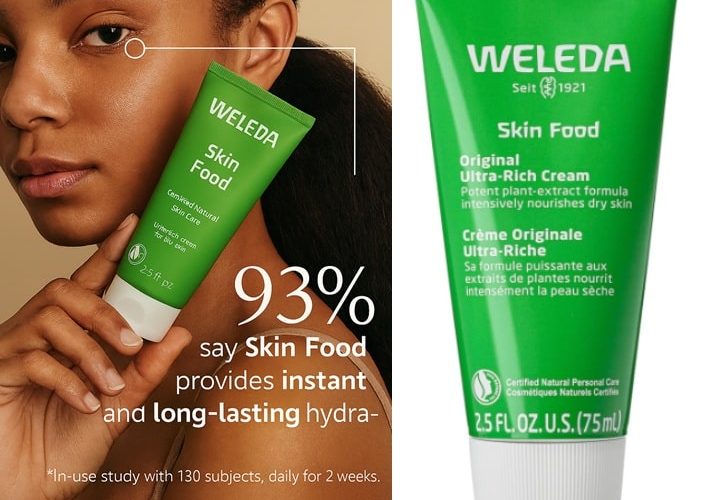 Mujer con piel radiante sosteniendo Skin Food de Weleda: crema ultra nutritiva para piel seca con hidratación instantánea y duradera