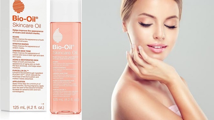 Bio-Oil Skincare Oil de 125 ml junto a una mujer con piel suave y radiante tras aplicar el aceite para cicatrices, estrías y cuidado de la piel.